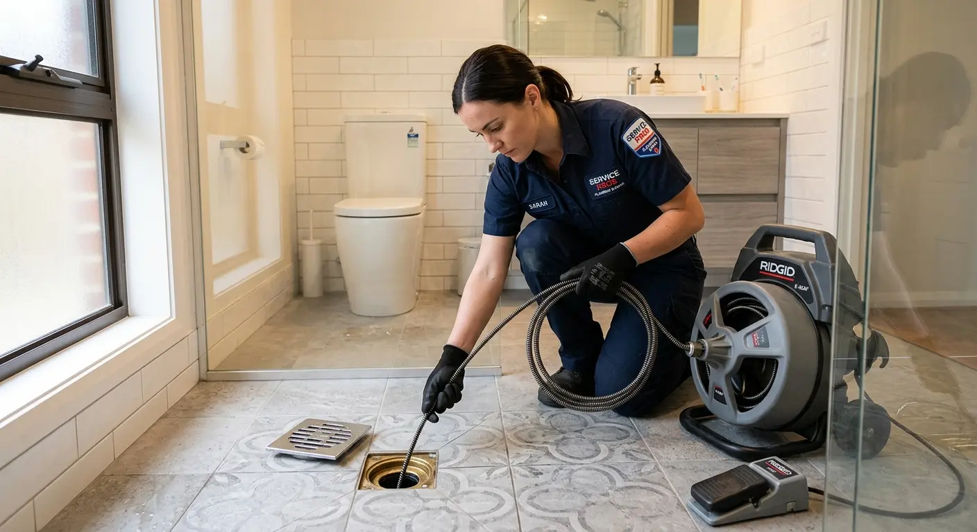 Technician clearing a bathroom floor drain for Clogged Drain Repair in Niles